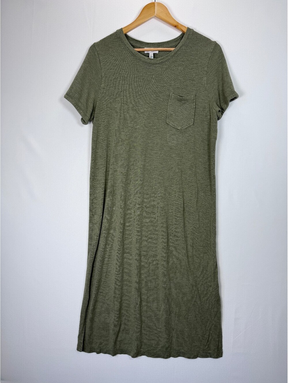 Jessica Simpson Finlee Dress Women’s XL Olive Green Midi T Shirt Pocket Slit